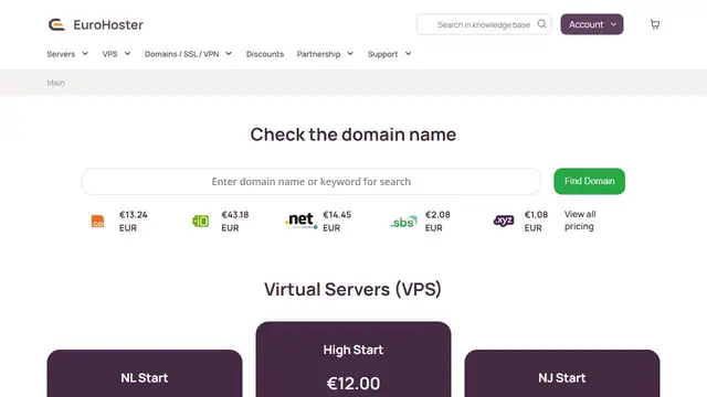 Screenshot of the Euro Hoster website