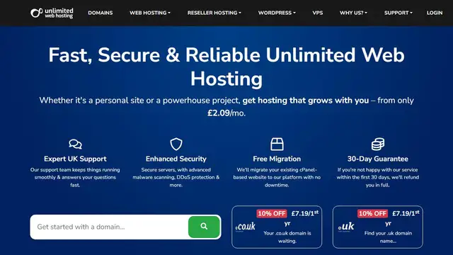 Screenshot of the Unlimited Web Hosting UK Limited website