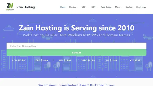 Screenshot of the Zain Hosting website